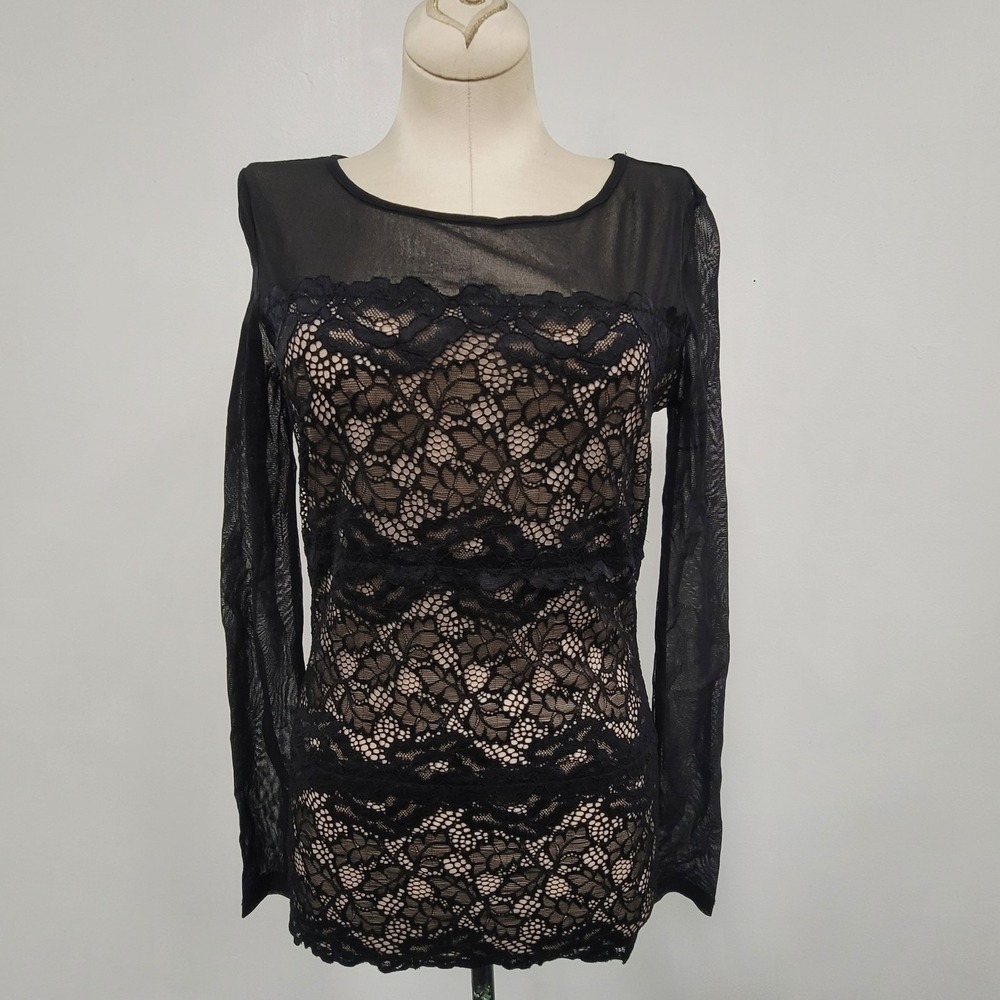 Inc Dark Romantic Lace Top Size S Y2K Sheer Black Mesh Long‎ Sleeve Whimsigoth